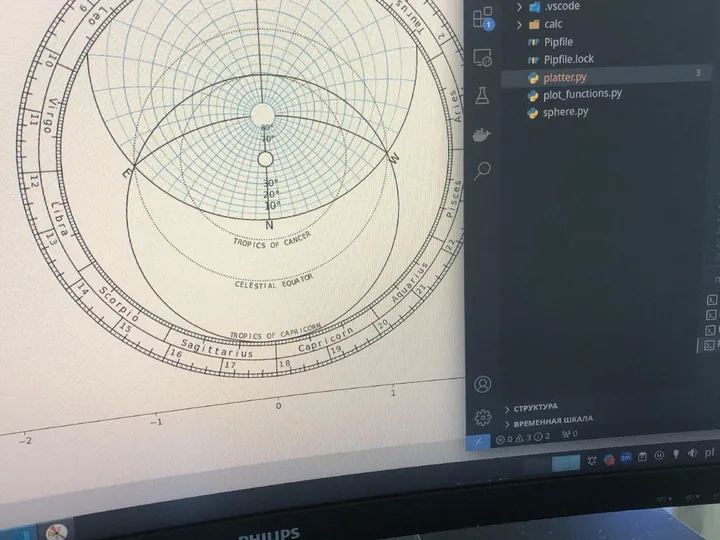 Desktop monitor with a celestial-sphere diagram and code in the editor