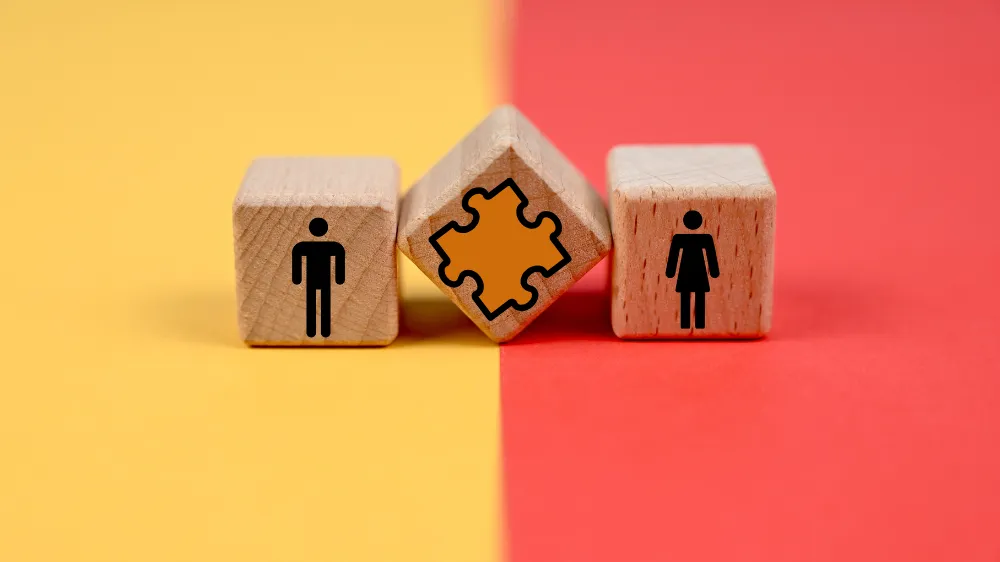 Looking for partner compatibility — a male and a female figure with a puzzle piece between them