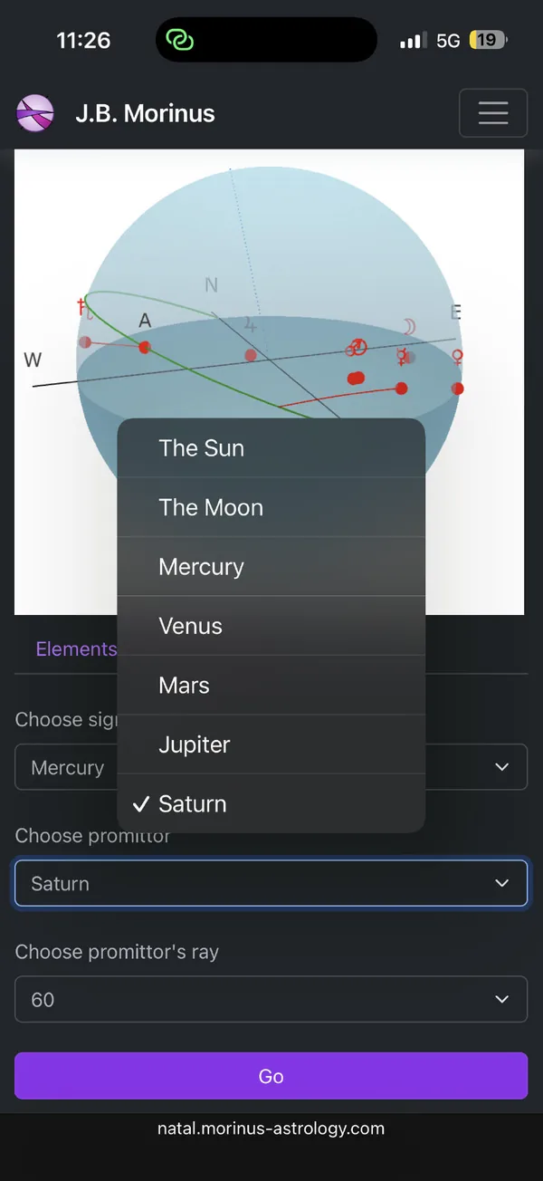 Primary directions builder — interactive celestial sphere with the primary-directions calculator on the Morinus system